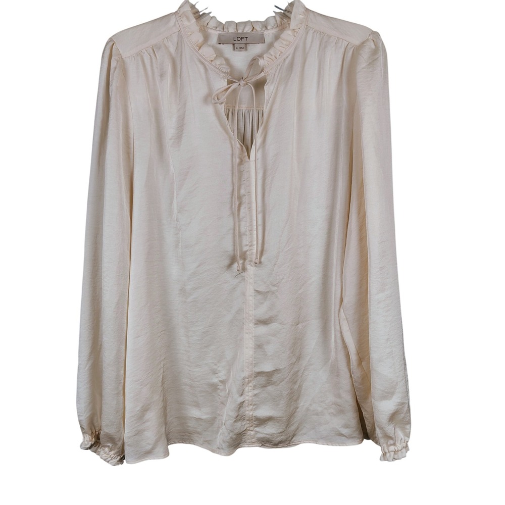LOFT Womens XL Ruffle Tie Neck Blouse Cream Satin Mixed Media Coquette Romantic